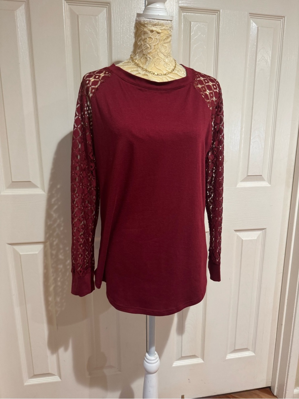Lace-Sleeve Long Sleeve Top in Burgundy